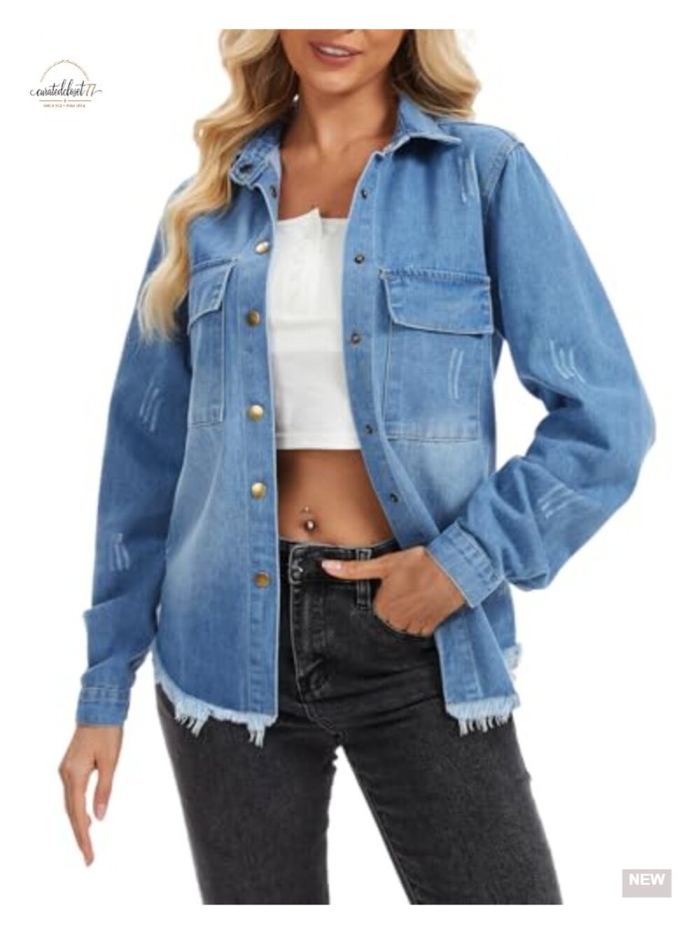 Frayed Hem Denim Jacket Long Sleeve Women's Cotton Polyester